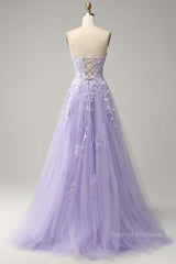 Black Gown, Lavender A-line Appliques Strapless Lace-Up Tulle Long Prom Dress