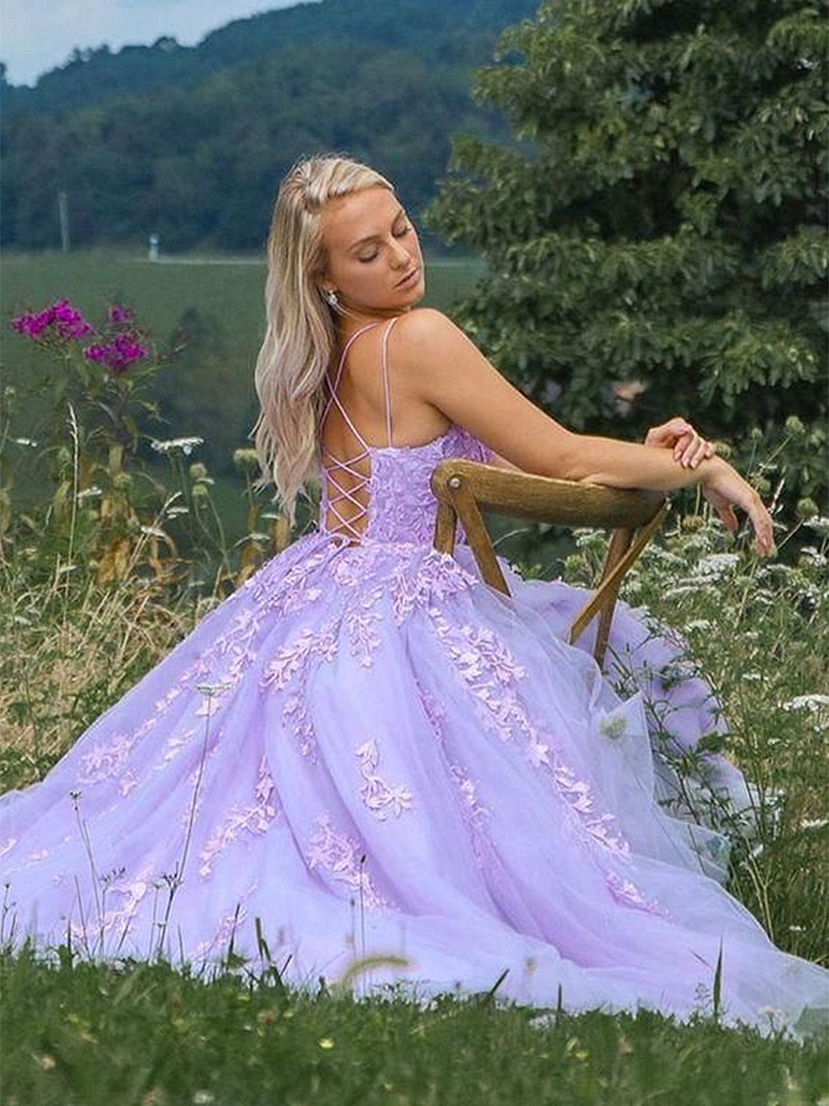 Homecoming Dress 2024, Lavender Applique Tulle Long Prom Dresses, Purple Lace Graduation Dresses Formal Gown