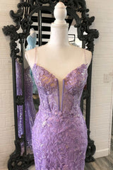 Formall Dresses Short, Lavender Floral Appliques Deep V Neck Mermaid Long Prom Dresses Gala Dress Formal