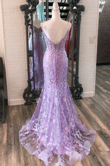 Formal Dress Fall, Lavender Floral Appliques Deep V Neck Mermaid Long Prom Dresses Gala Dress Formal