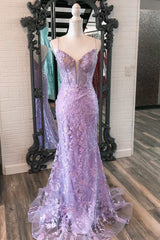 Formals Dresses Short, Lavender Floral Appliques Deep V Neck Mermaid Long Prom Dresses Gala Dress Formal