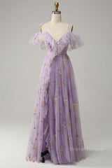 Formal Dress Long Elegant, Lavender Floral Ruffles Tulle A-line Long Prom Dress