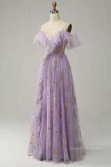 Formal Dress Vintage, Lavender Floral Ruffles Tulle A-line Long Prom Dress