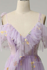 Formal Dresses For Teen, Lavender Floral Ruffles Tulle A-line Long Prom Dress