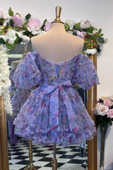 Glam Dress, Lavender & Fuchsia Off-the-Shoulder Ruffles Homecoming Dress