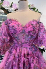Party Dress Long Sleeve Mini, Lavender & Fuchsia Off-the-Shoulder Ruffles Homecoming Dress