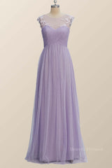 Evening Dresses Black, Lavender Illusion Scoop Lace Appliques A-line Bridesmaid Dress