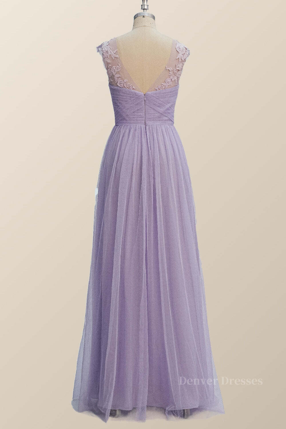 Evening Dress Prom, Lavender Illusion Scoop Lace Appliques A-line Bridesmaid Dress