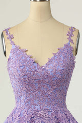 Party Dresses With Sleeves, Lavender Lace Appliques Princess A-line Short Prom Dress