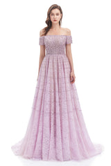 Party Dress Fashion, Lavender Lace Off the Shoulder Beaded Sequins Sweep-Train A-Line Prom Dresses