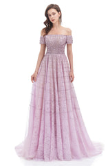 Party Dress Wedding, Lavender Lace Off the Shoulder Beaded Sequins Sweep-Train A-Line Prom Dresses
