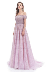 Party Dress Night, Lavender Lace Off the Shoulder Beaded Sequins Sweep-Train A-Line Prom Dresses