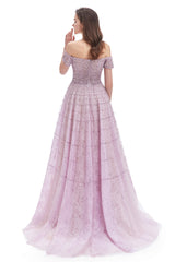 Party Dress Design, Lavender Lace Off the Shoulder Beaded Sequins Sweep-Train A-Line Prom Dresses