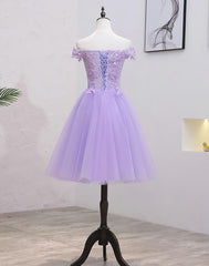 Party Dress Long Sleeve, Lavender Lace Shoulder Short Cocktail Dresses A-line