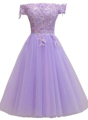 Party Dress Name, Lavender Lace Shoulder Short Cocktail Dresses A-line