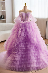 Homecoming Dress Elegant, Lavender Off-Shoulder A-line Multi-Layers  Long Prom Dress