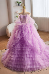 Homecoming Dresses Elegant, Lavender Off-Shoulder A-line Multi-Layers  Long Prom Dress