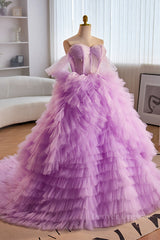 Homecomming Dresses Short, Lavender Off-Shoulder A-line Multi-Layers  Long Prom Dress