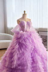 Homecoming Dress Long, Lavender Off-Shoulder A-line Multi-Layers  Long Prom Dress