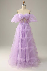 Formal Dresses For Wedding, Lavender Off-the-Shoulder Puff Sleeves Ruffles A-line Long Prom Dress