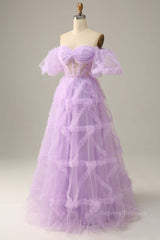 Formal Dress For Wedding, Lavender Off-the-Shoulder Puff Sleeves Ruffles A-line Long Prom Dress