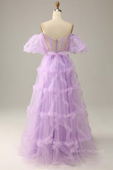 Formal Dressing For Wedding, Lavender Off-the-Shoulder Puff Sleeves Ruffles A-line Long Prom Dress