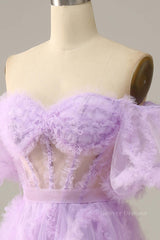 Formal Dress Places Near Me, Lavender Off-the-Shoulder Puff Sleeves Ruffles A-line Long Prom Dress