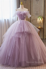 Champagne Prom Dress, Lavender Ruffled Strapless Floral Applique Long Prom Dress with Pearl Sash