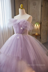 Blue Gown, Lavender Ruffled Strapless Floral Applique Long Prom Dress with Pearl Sash