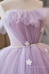Ballgown, Lavender Ruffled Strapless Floral Applique Long Prom Dress with Pearl Sash