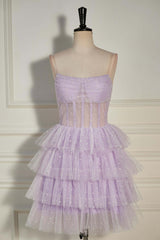 Mafia Dress, Lavender Strapless Dot Tulle Multi-Layers Homecoming Dress