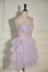 Engagement Dress, Lavender Strapless Dot Tulle Multi-Layers Homecoming Dress
