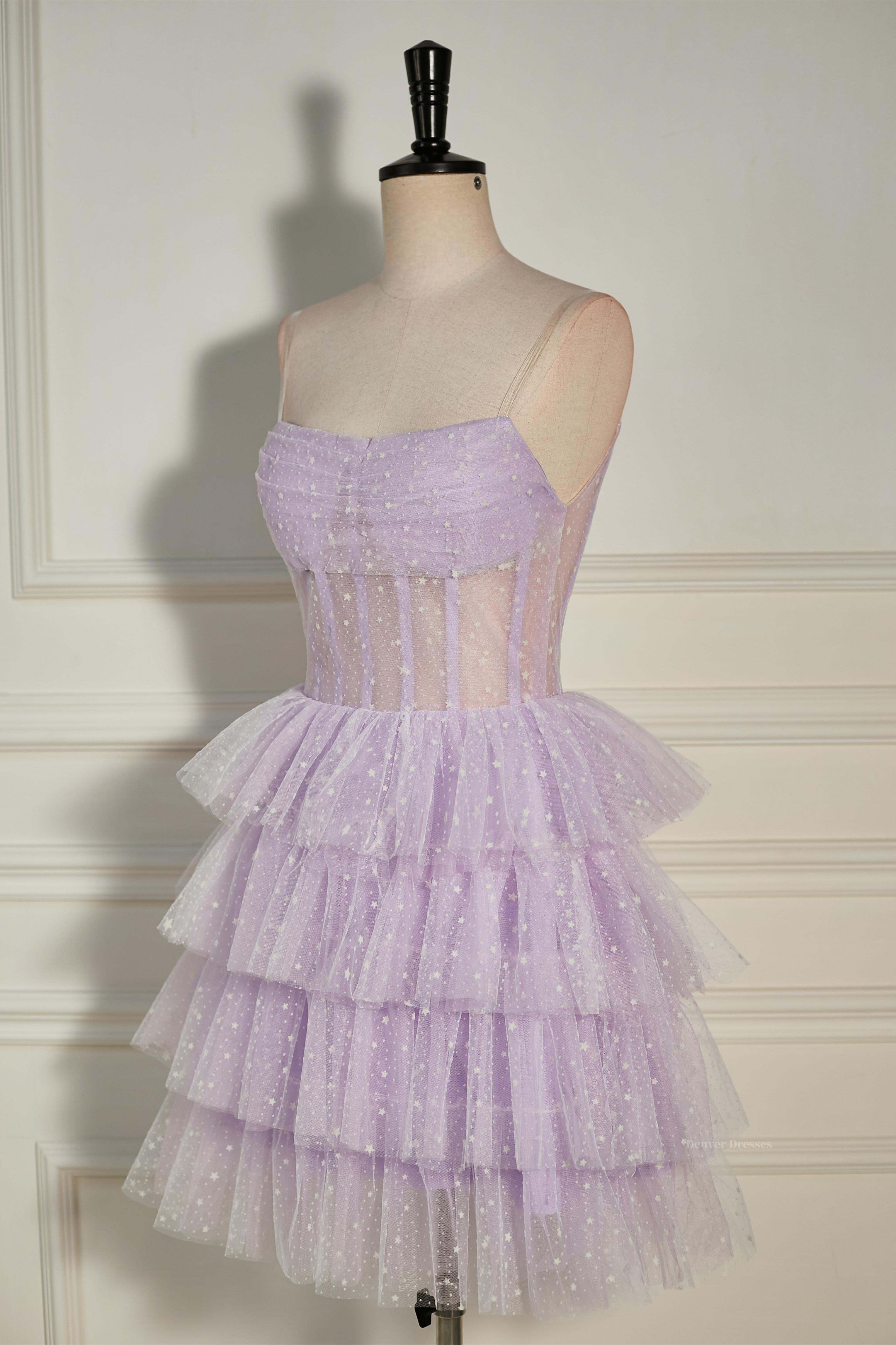 Shirt Dress, Lavender Strapless Dot Tulle Multi-Layers Homecoming Dress