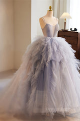 Homecomming Dress Vintage, Lavender Straps A-line Ruffle Layers Long Prom Dress
