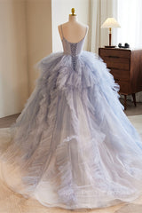 Homecoming Dress Sweetheart, Lavender Straps A-line Ruffle Layers Long Prom Dress