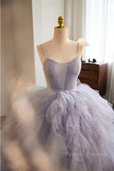 Homecoming Dresses Sweetheart, Lavender Straps A-line Ruffle Layers Long Prom Dress