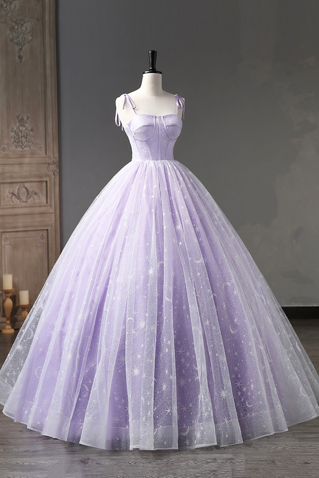 Formal Dresses Corset, Lavender Tulle Straps Floor Length Evening Dress, Lavender A-Line Prom Dress