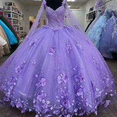 Pink Dress, 3D Flowers Tulle Sweetheart Ball Gown Quinceanera Dresses Purple With Cape