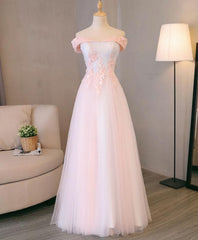 Bridesmaid Dresses Spring, Light Pink Lace Off Shoulder Lonng Prom Dress, Pink Evening Dress