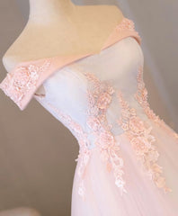 Bridesmaid Dresses Summer, Light Pink Lace Off Shoulder Lonng Prom Dress, Pink Evening Dress