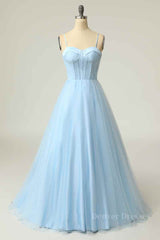 Long Dress Formal, Light Blue A-line Boning Adjustable Spaghetti Straps Tulle Long Prom Dress