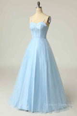 Strapless Dress, Light Blue A-line Boning Adjustable Spaghetti Straps Tulle Long Prom Dress