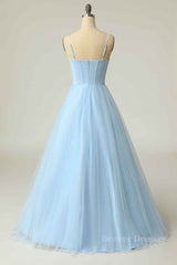Cocktail Dress Prom, Light Blue A-line Boning Adjustable Spaghetti Straps Tulle Long Prom Dress