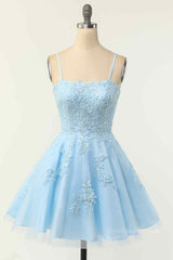 Evening Dress 2051, Light Blue A-line Spaghetti Straps Lace-Up Back Applique Mini Homecoming Dress