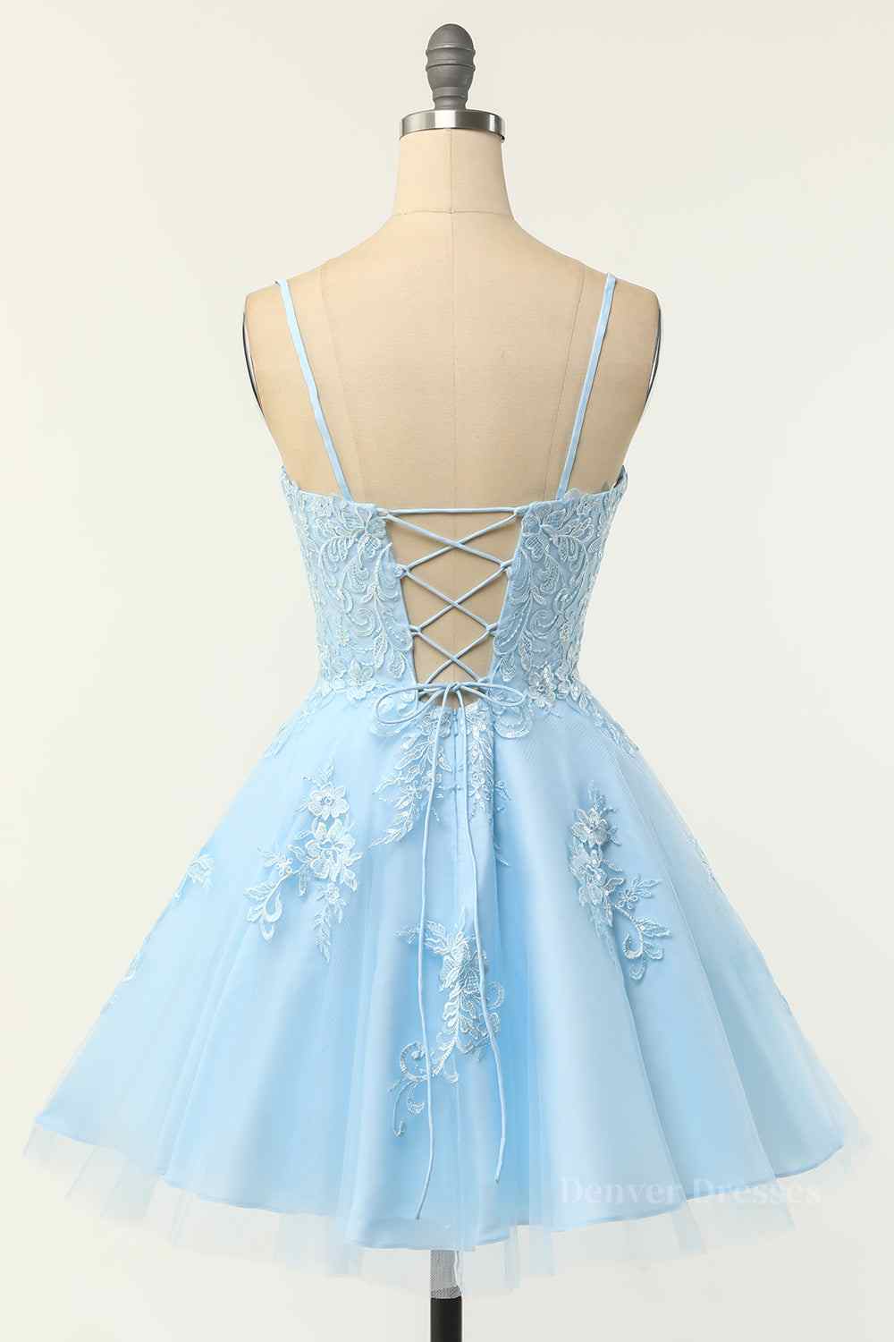 Evening Dresses Australia, Light Blue A-line Spaghetti Straps Lace-Up Back Applique Mini Homecoming Dress