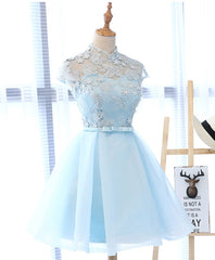 Prom Dress Long Sleeve Ball Gown, Light Blue Applique Short Prom Dress, Blue Homecoming Dress