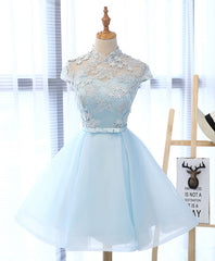 Prom Dresses Light Blue Long, Light Blue Applique Short Prom Dress, Blue Homecoming Dress