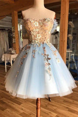 Formal Dresses Classy, Light Blue Homecoming Dresses Floral Applique Graduation Dress