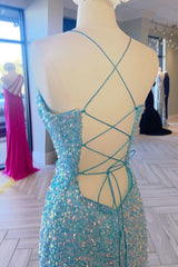 Formal Dress Shops Near Me, Light Blue Iridescent Sequin Lace-Up Long Prom Dress with Slit