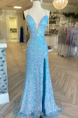 Formal Dresses Near Me, Light Blue Iridescent Sequin Lace-Up Long Prom Dress with Slit